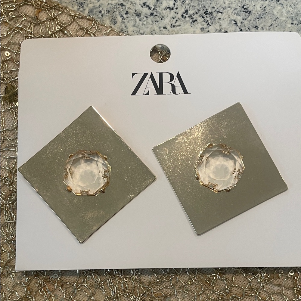 Zara Gold  Square Earrings with Clear Gem